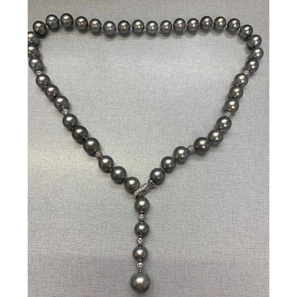 Roman & Jules - 18K White Gold Pearl Y-Drop Necklace with Round Diamond Accents - 11.5-9.0mm Pearl Size Range