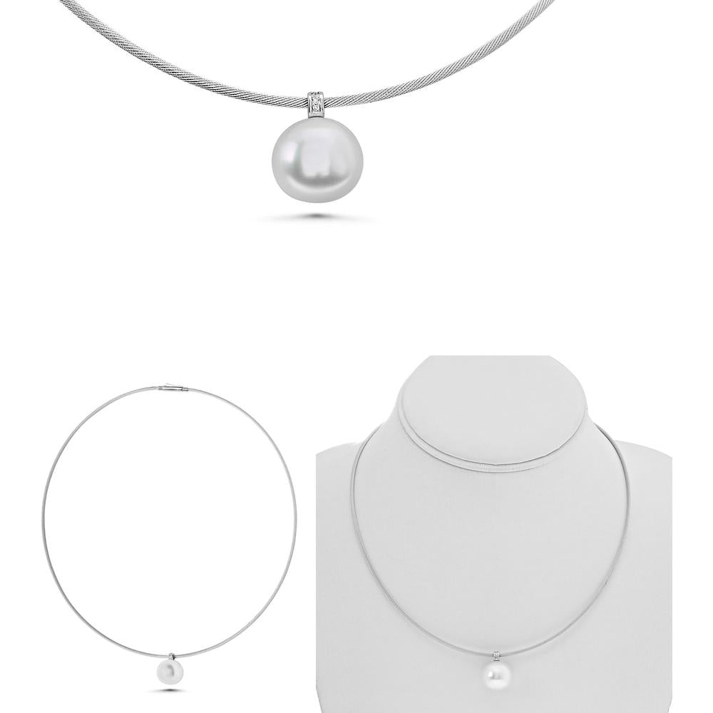 Roman & Jules - 18K White Gold Pendant Necklace with 14.0MM Pearl and Round Diamond Accent