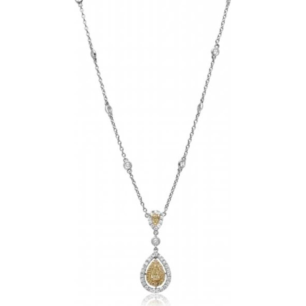 Roman & Jules - 18K White Gold Pendant Necklace with Fancy Yellow Pear Shape Diamond - 0.41 Carat Fancy Yellow Diamond, 0.55 Carat Total Round Diamond Weight