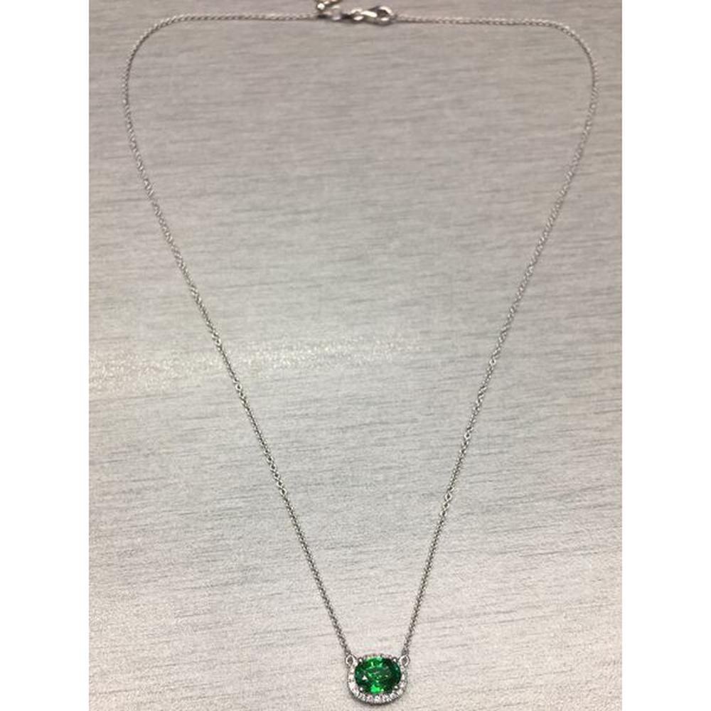 Roman & Jules - 18K White Gold Pendant Necklace with Oval Emerald and Diamond Halo - 0.72 Carat Emerald, 0.09 Carat Diamond Total Weight