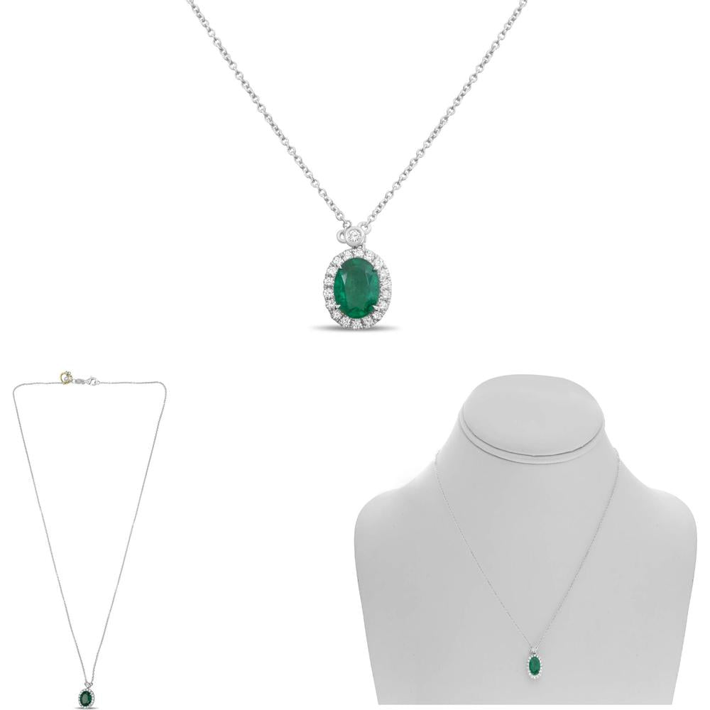 Roman & Jules - 18K White Gold Pendant Necklace with Oval Emerald and Diamond Halo - 1.18 Carat Total Gem Weight