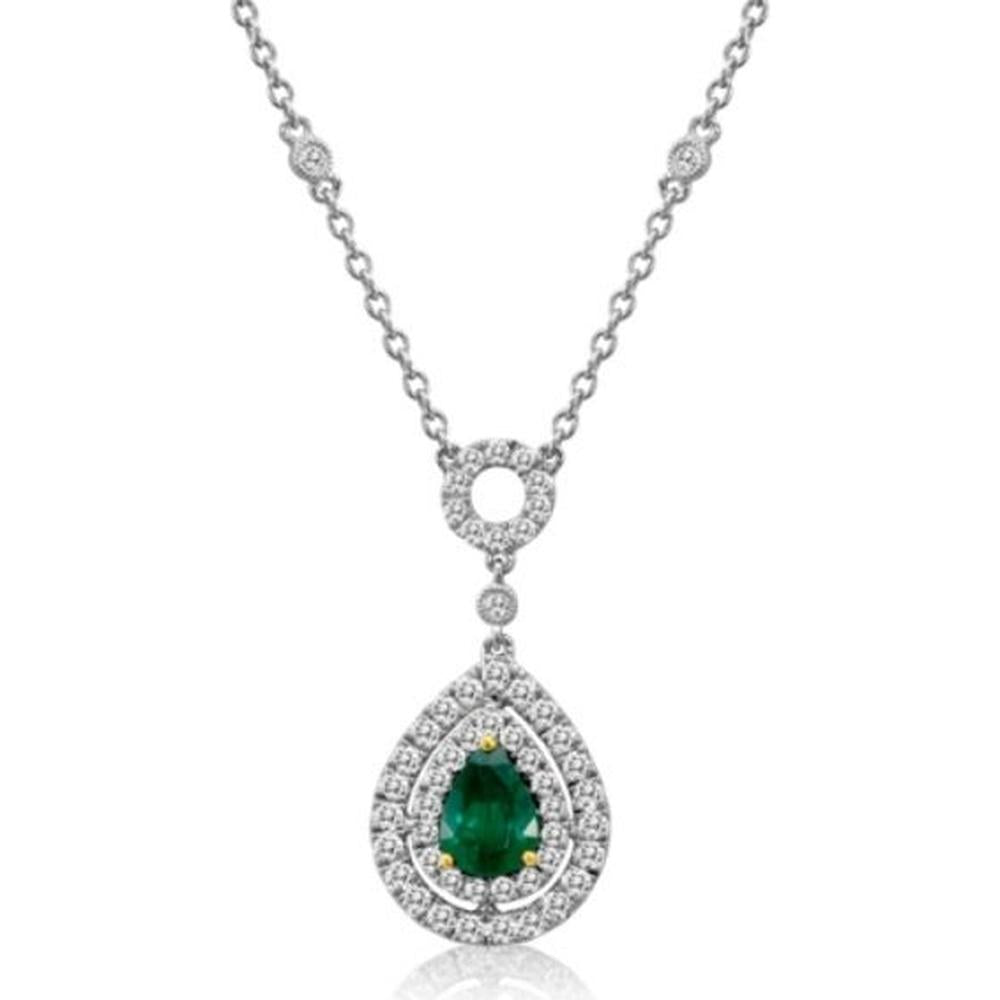 Roman & Jules - 18K White Gold Pendant Necklace with Pear-Shaped Emerald and Diamond Halo - 0.92 Carat Total Gemstone Weight