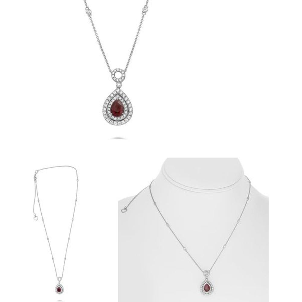 Roman & Jules - 18K White Gold Pendant Necklace with Pear-Shaped GIA Certified Ruby and Round Diamond Halo - 1.42 Carat Total Gem Weight
