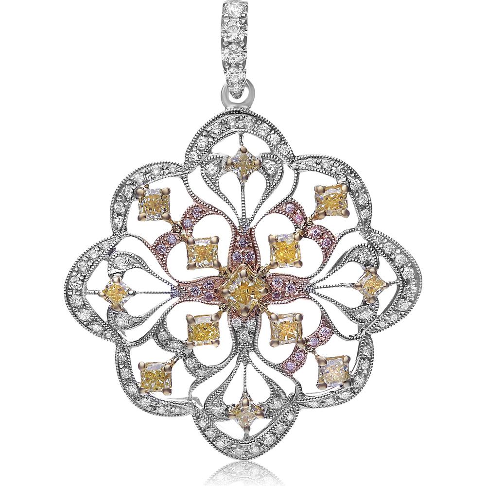 Roman & Jules - 18K White Gold Pendant with Fancy Yellow and Pink Diamonds - 1.71 Carat Total Diamond Weight