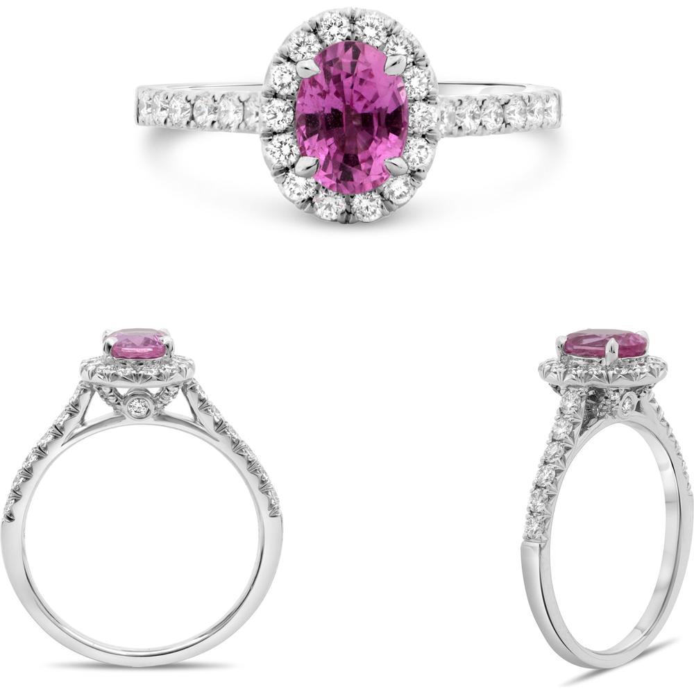 Roman & Jules - 18K White Gold Pink Sapphire & Diamond Halo Ring with Oval Pink Sapphire - 0.53 Carat Total Diamond Weight