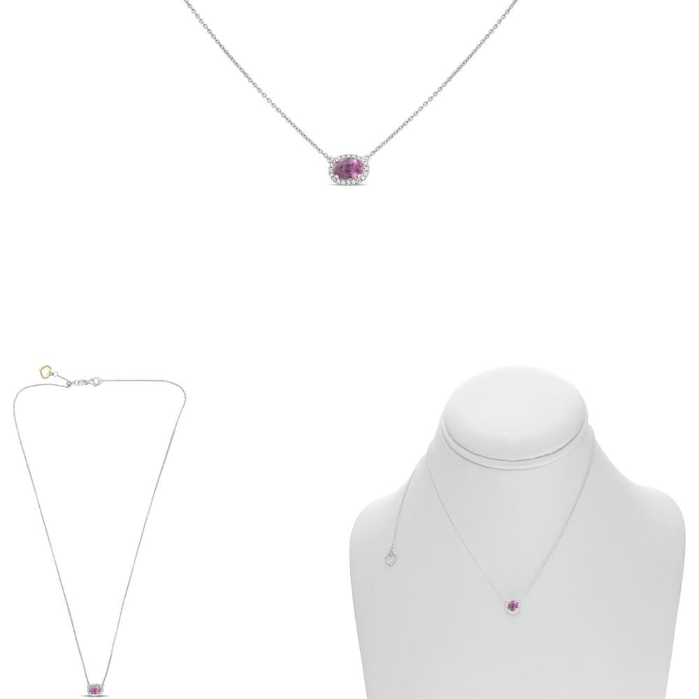 Roman & Jules - 18K White Gold Pink Sapphire Necklace with Diamond Halo - 0.09 Carat Total Diamond Weight