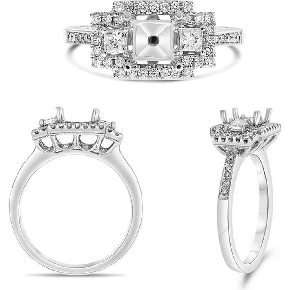 Roman & Jules - 18K White Gold Princess Cut Diamond Ring with Round Diamonds - 0.58 Carat Total Diamond Weight