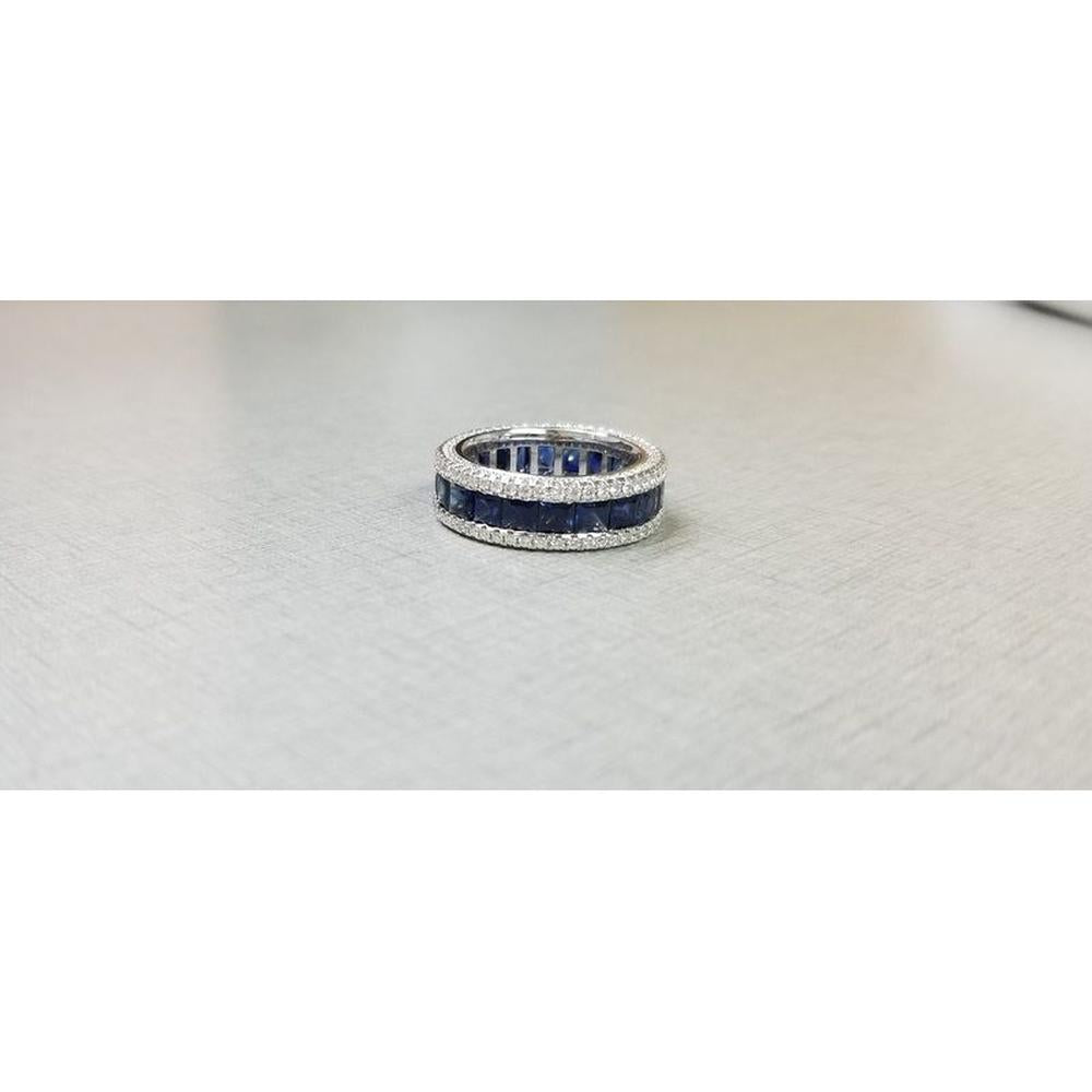 Roman & Jules - 18K White Gold Princess Cut Sapphire Eternity Band with Round Diamond Accents - 1.01 Carat Total Diamond Weight