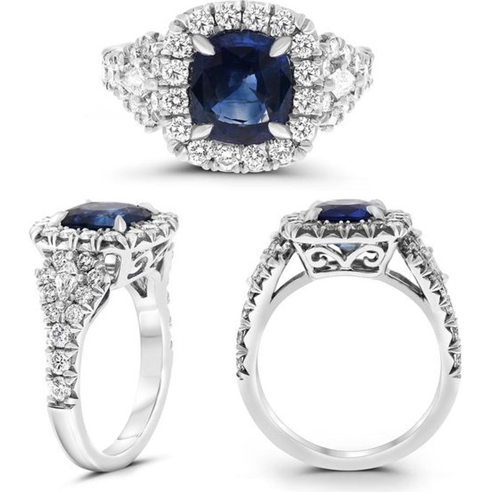 Roman & Jules - 18K White Gold Prong Set Sapphire and Round Diamond Halo Ring - 2.69 Carat Sapphire, 1.16 Carat Round Diamonds