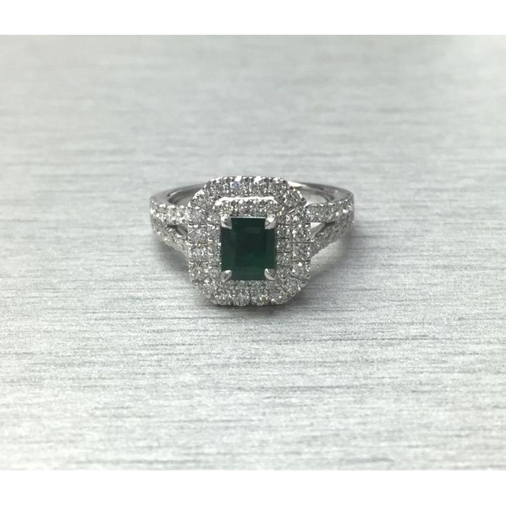 Roman & Jules - 18K White Gold Radiant Emerald Ring with Diamond Halo - 0.82 Carat Emerald, 0.89 Carat Total Diamond Weight