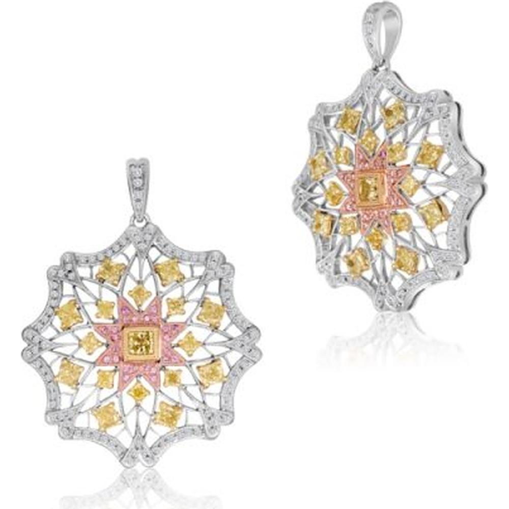 Roman & Jules - 18K White Gold Radiant Fancy Yellow and Pink Diamond Pendant - 2.56 Carat Total Diamond Weight