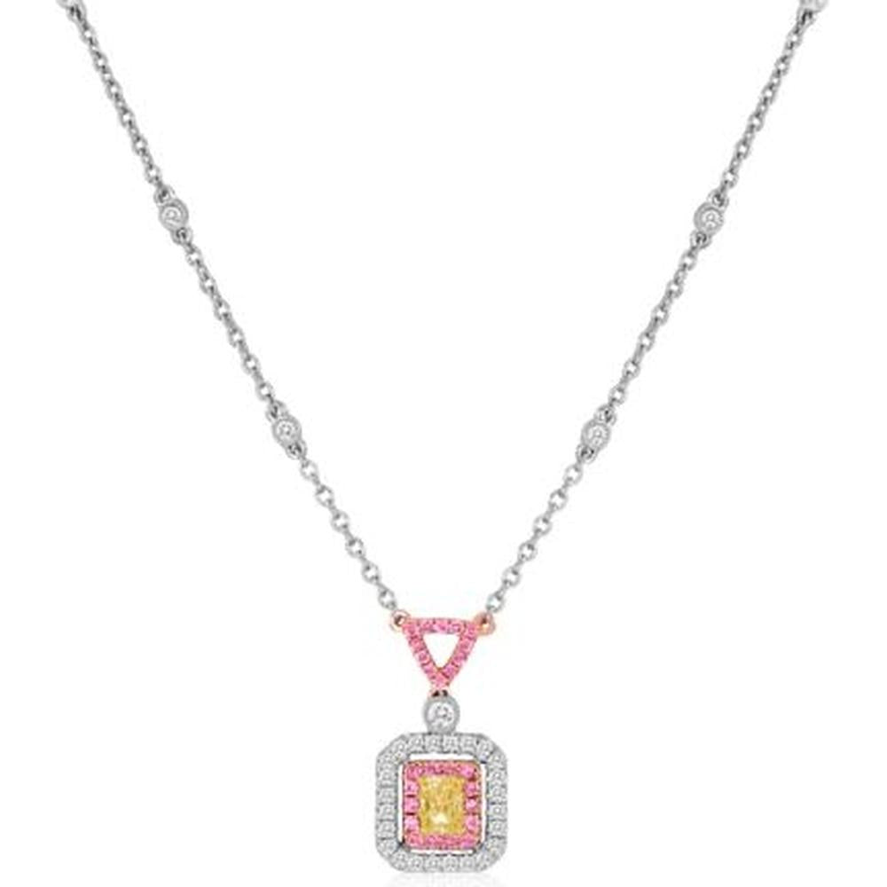 Roman & Jules - 18K White Gold Radiant Fancy Yellow Diamond Necklace with Pink Diamonds - 0.48 Carat Total Diamond Weight
