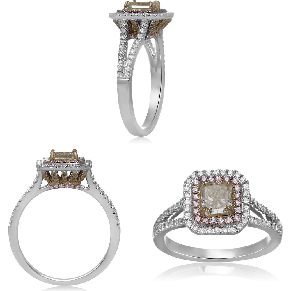 Roman & Jules - 18K White Gold Radiant Fancy Yellow Diamond Ring with Pink and Round Diamonds - 1.18 Carat Total Diamond Weight
