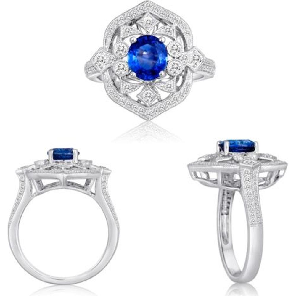 Roman & Jules - 18K White Gold Ring with Oval Sapphire and Round Diamond Halo - 1.29 Carat Sapphire, 0.54 Carat Total Diamond Weight