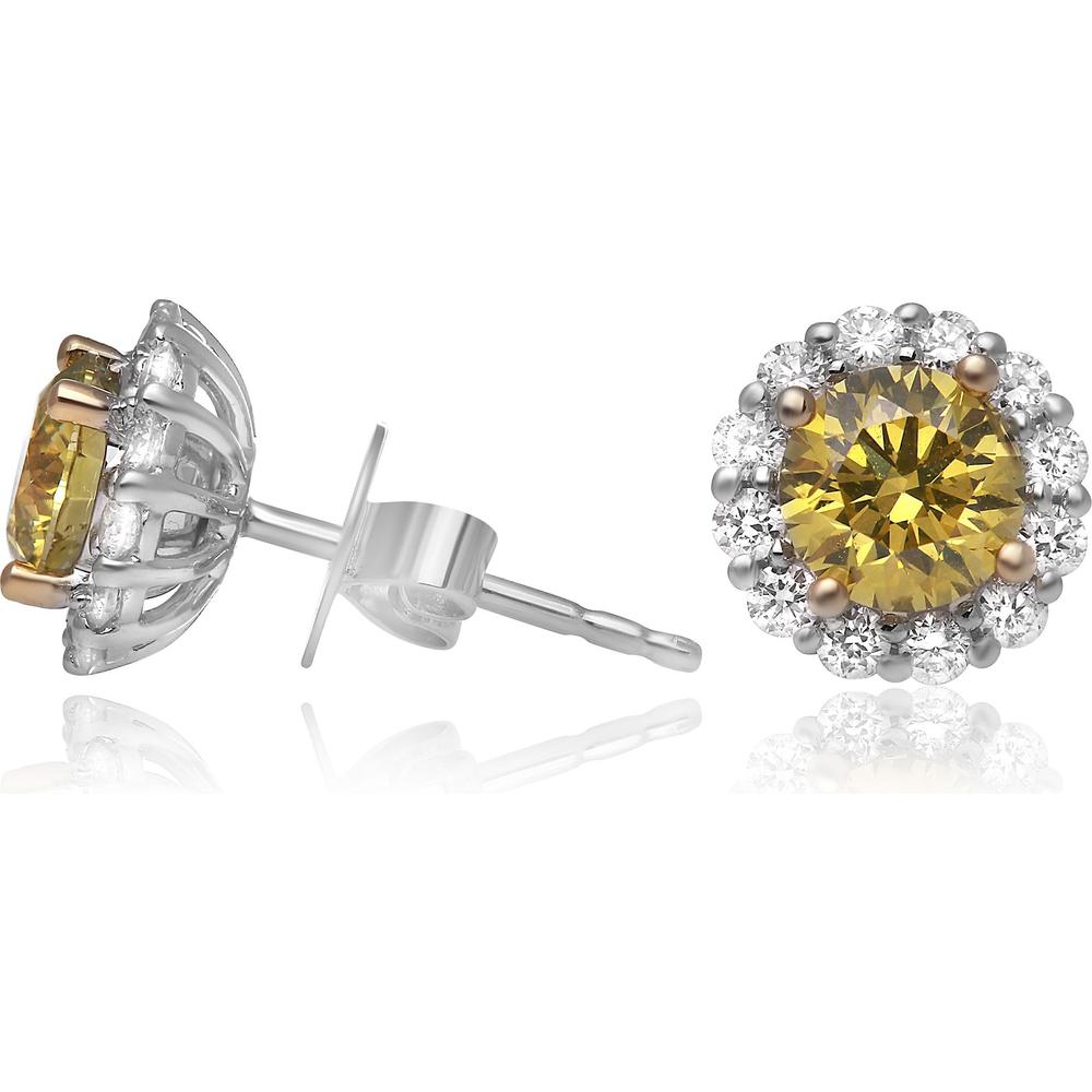 Roman & Jules - 18K White Gold Round Color Enhanced Diamond Halo Stud Earrings - 1.00 Carat Total Diamond Weight
