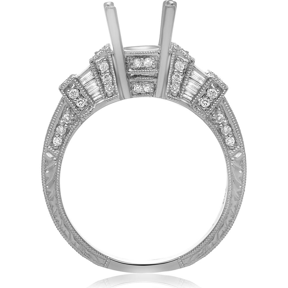 Roman & Jules - 18K White Gold Round Diamond Ring with Baguette Diamonds - 0.45 Carat Total Diamond Weight