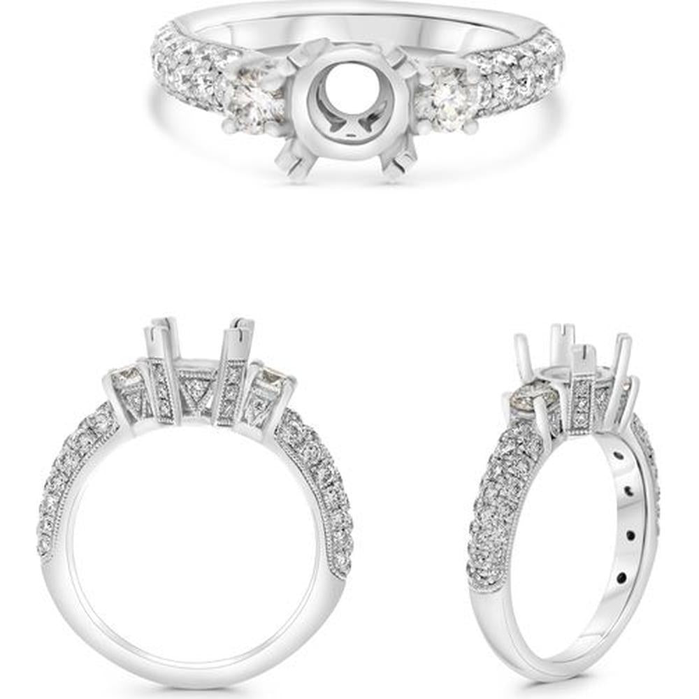 Roman & Jules - 18K White Gold Round Diamond Ring with Pavé-Set Diamonds - 1.11 Carat Total Diamond Weight