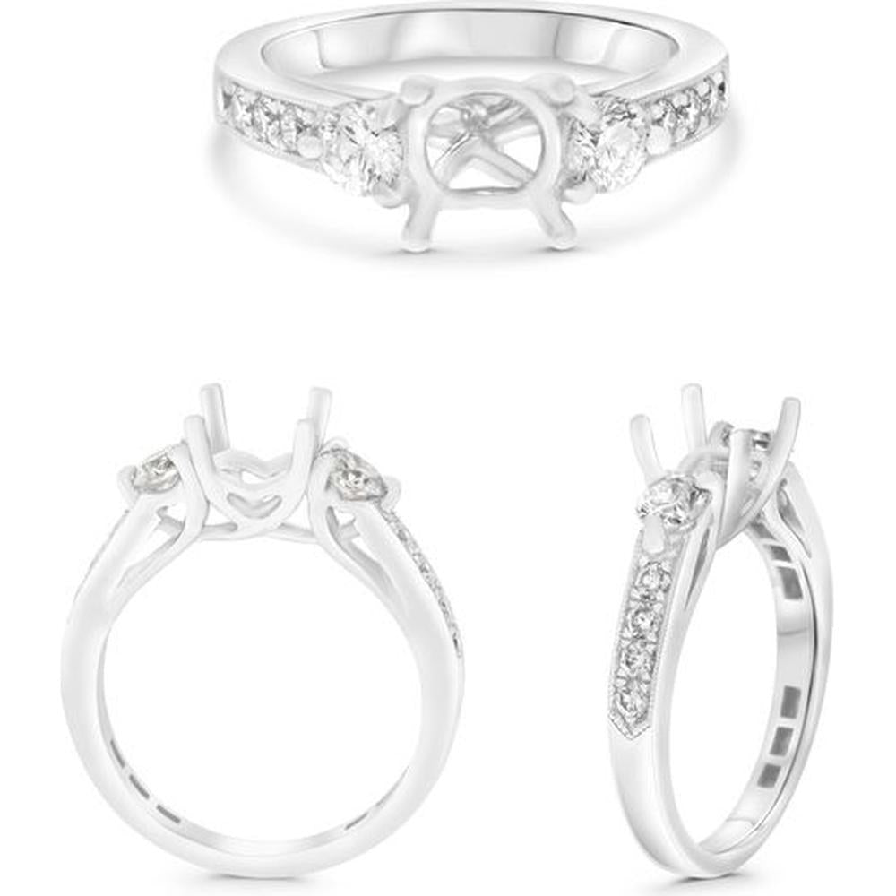 Roman & Jules - 18K White Gold Round Diamond Ring with Pave Set Diamonds and Milgrain Detailing - 0.75 Carat Total Diamond Weight