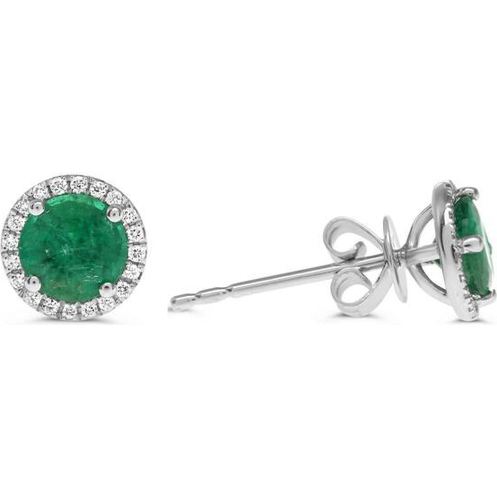 Roman & Jules - 18K White Gold Round Emerald Halo Stud Earrings with Diamonds - 0.91 Carat Total Emerald Weight