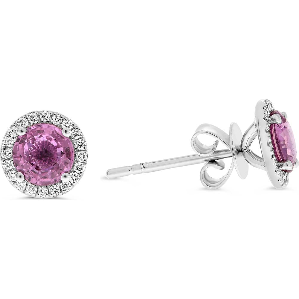 Roman & Jules - 18K White Gold Round Pink Sapphire Halo Stud Earrings with Round Diamonds - 1.28 Carat Total Sapphire Weight