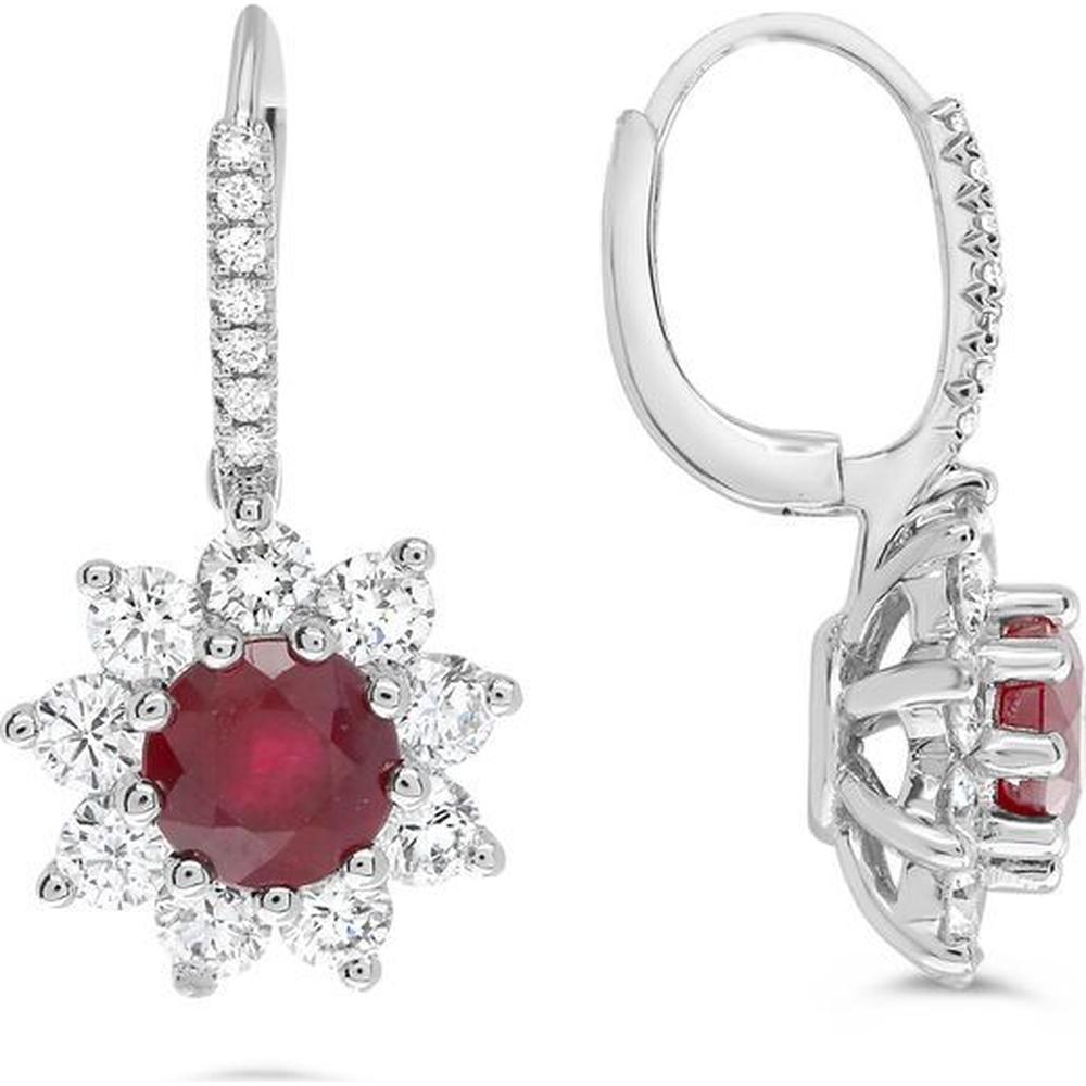 Roman & Jules - 18K White Gold Round Ruby and Diamond Halo Earrings - 1.00 Carat Total Ruby Weight, 1.34 Carat Total Diamond Weight