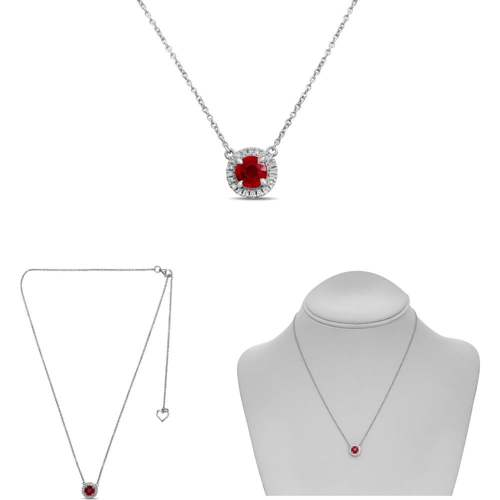Roman & Jules - 18K White Gold Round Ruby & Diamond Halo Pendant Necklace - 0.69 Carat Total Ruby Weight, 0.07 Carat Total Diamond Weight
