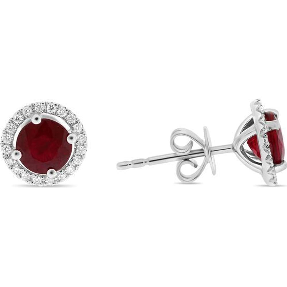 Roman & Jules - 18K White Gold Round Ruby and Diamond Halo Stud Earrings - 1.63 Carat Total Ruby Weight, 0.12 Carat Total Diamond Weight