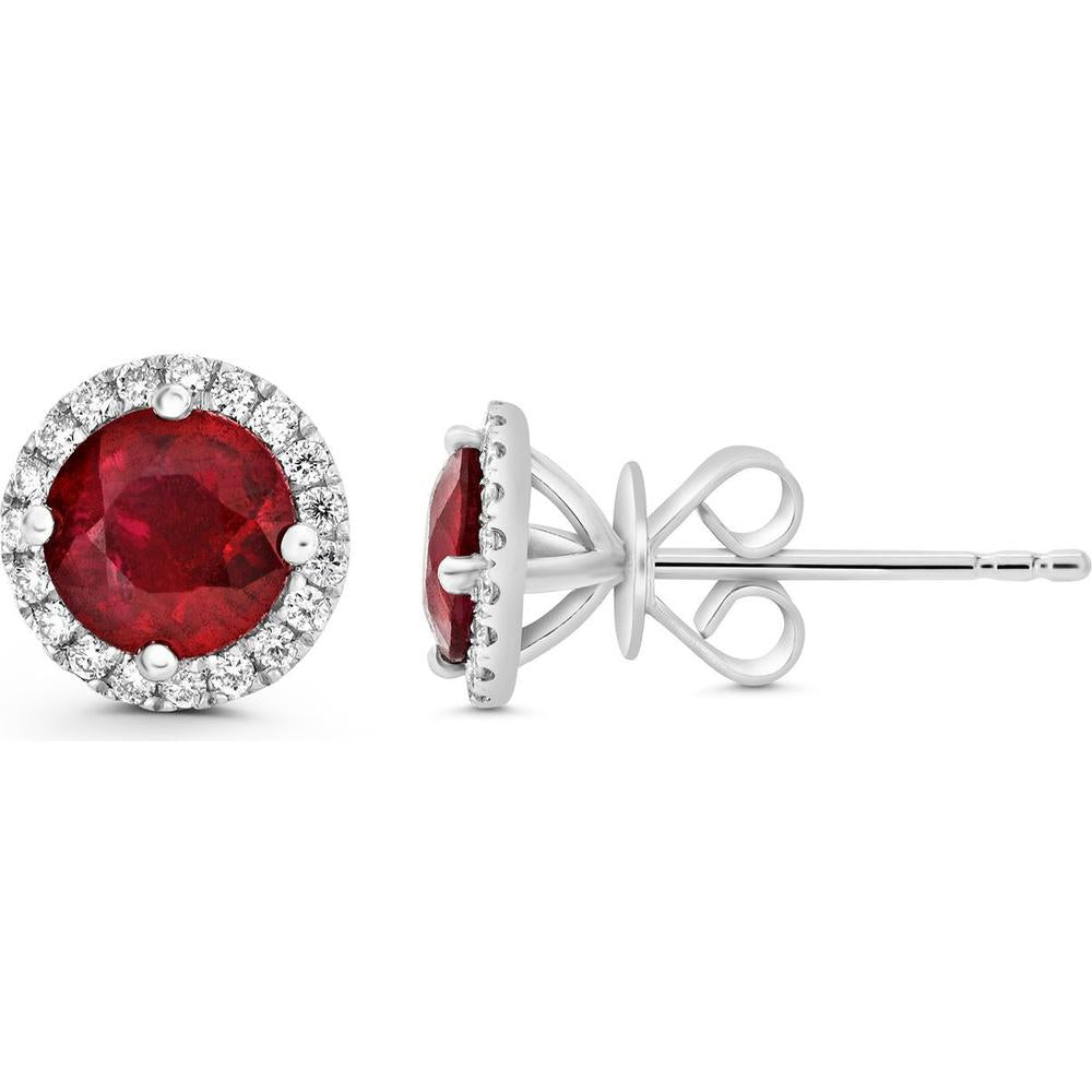 Roman & Jules - 18K White Gold Round Ruby Stud Earrings with Diamond Halo - 1.53 Carat Total Ruby Weight