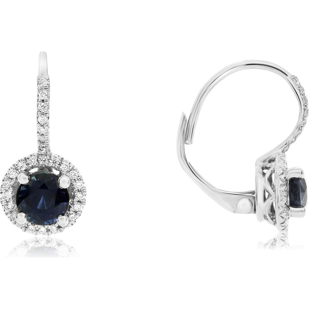 Roman & Jules - 18K White Gold Round Sapphire Earrings with Halo of Round Diamonds - 1.26 Carat Total Sapphire Weight