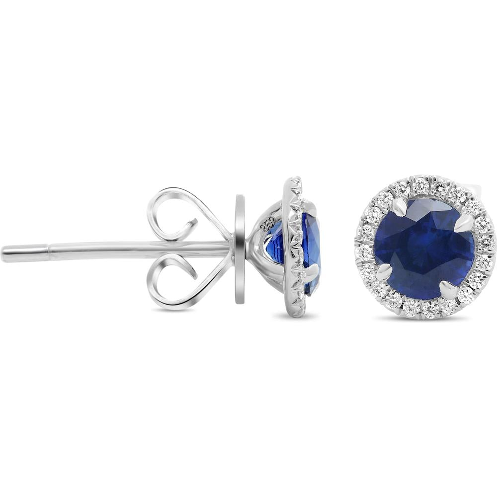 Roman & Jules - 18K White Gold Round Sapphire Halo Stud Earrings with Diamond Accent - 1.13 Carat Total Gem Weight