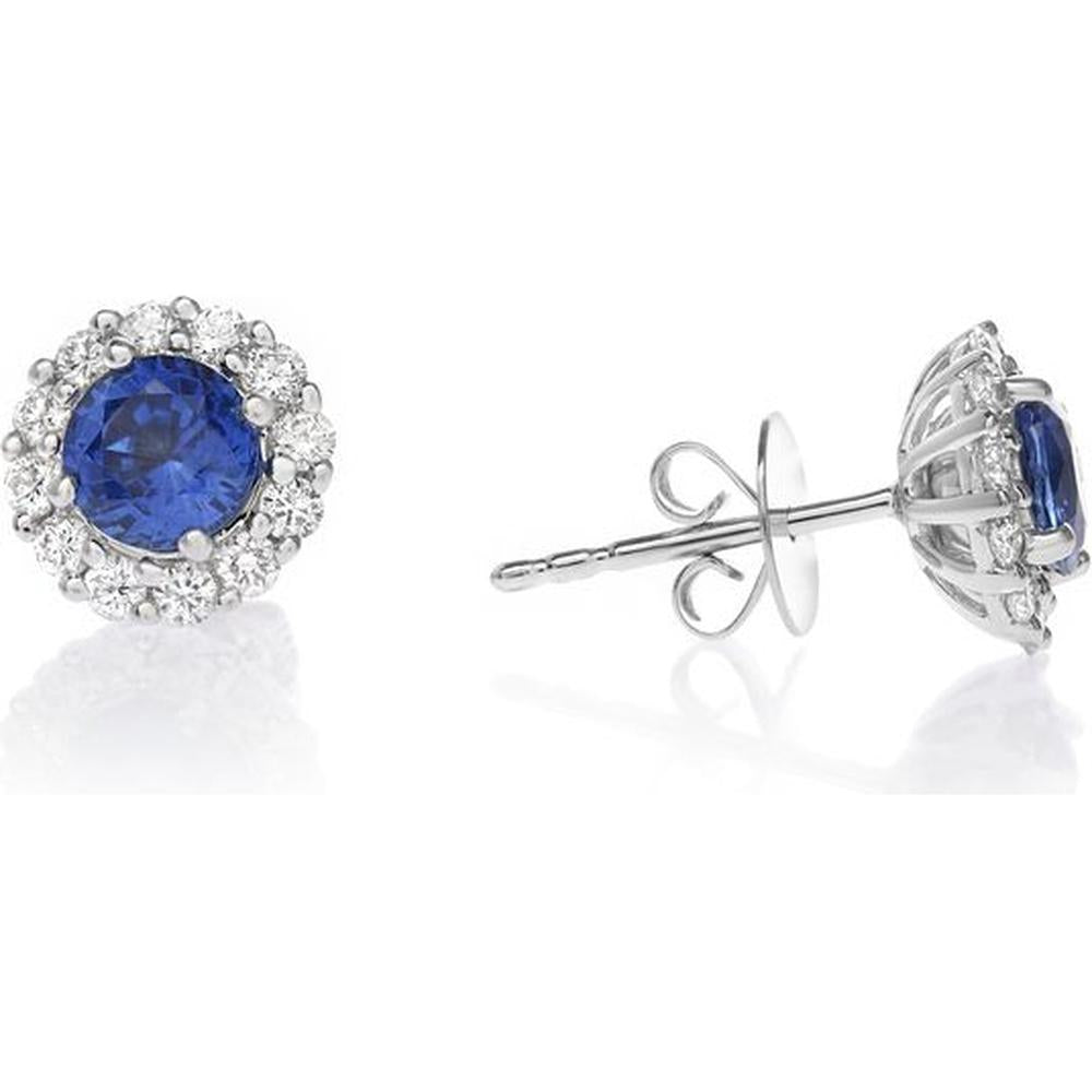 Roman & Jules - 18K White Gold Round Sapphire Halo Stud Earrings with Diamonds - 1.17 Carat Total Diamond Weight