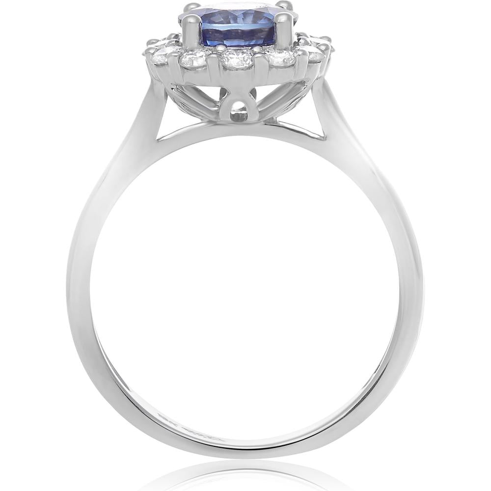 Roman & Jules - 18K White Gold Round Sapphire Ring with Diamond Halo - 1.60 Carat Total Diamond Weight