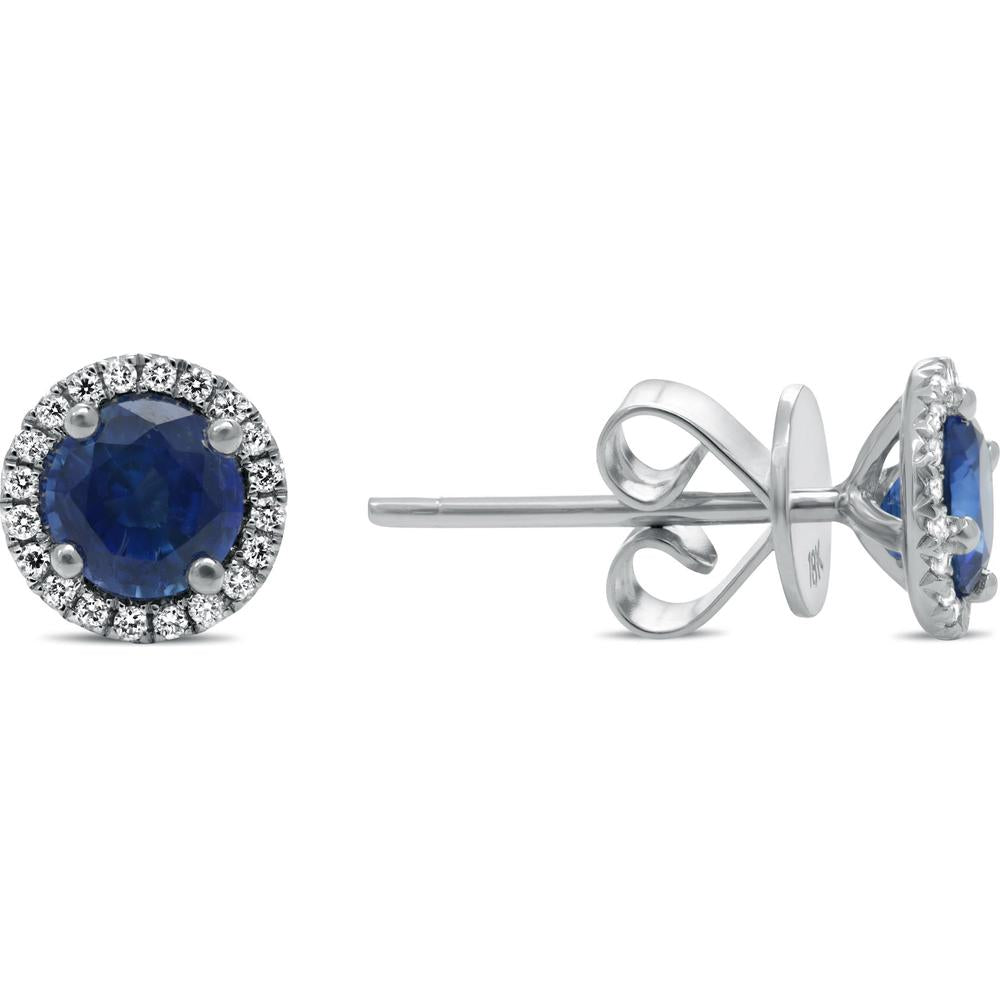 Roman & Jules - 18K White Gold Round Sapphire Stud Earrings with Diamond Halo - 1.08 Carat Sapphire, 0.18 Carat Total Diamond Weight