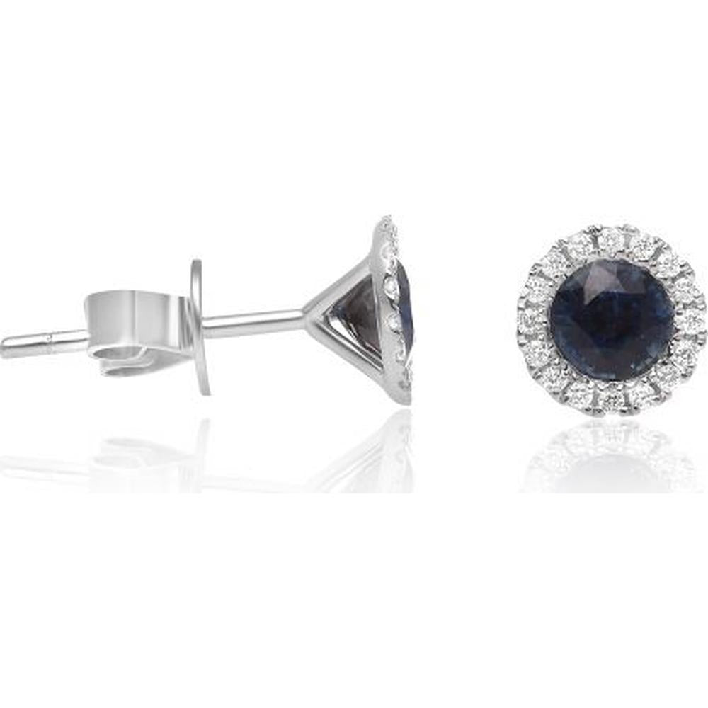 Roman & Jules - 18K White Gold Round Sapphire Stud Earrings with Diamond Halo - 1.26 Carat Total Sapphire Weight, 0.14 Carat Total Diamond Weight
