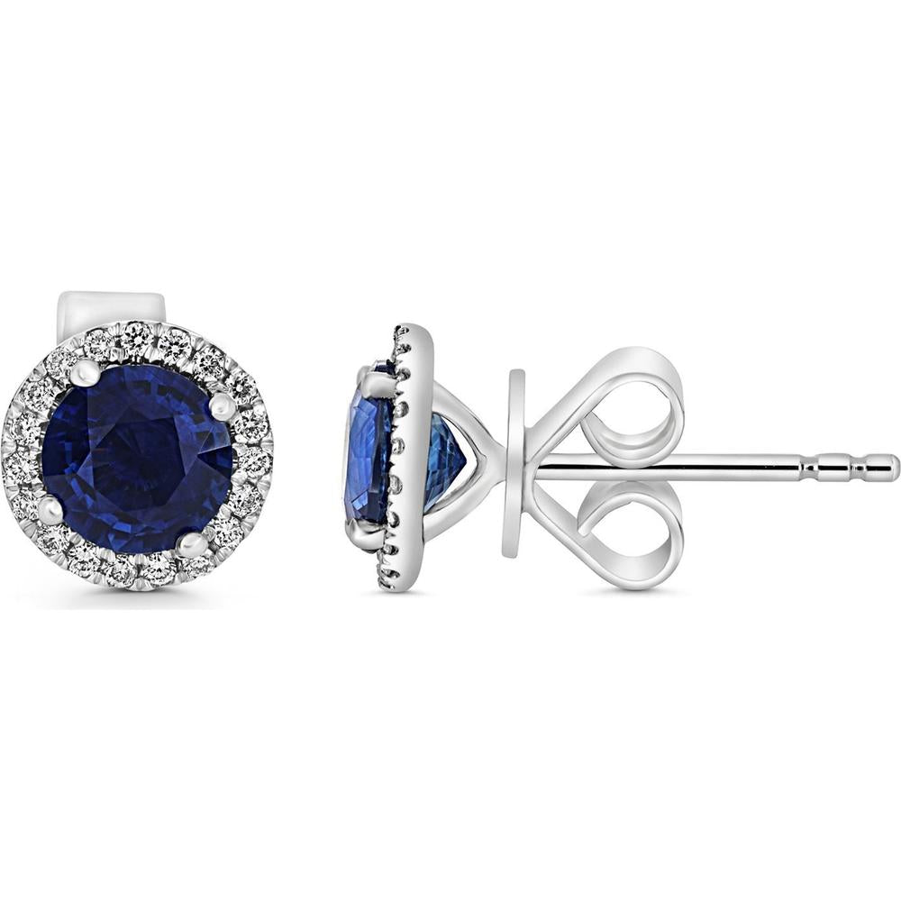Roman & Jules - 18K White Gold Round Sapphire Stud Earrings with Diamond Halo - 1.74 Carat Total Sapphire Weight