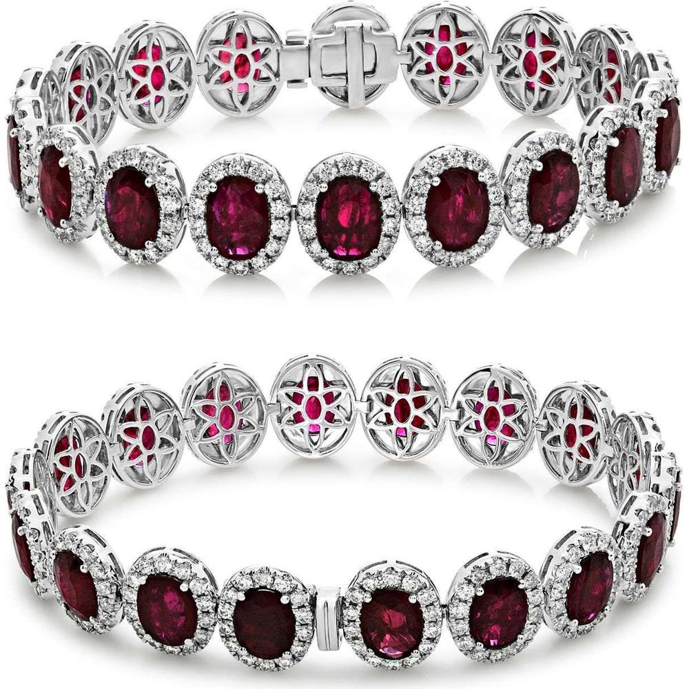 Roman & Jules - 18K White Gold Ruby and Diamond Halo Bracelet - 20.39 Carat Total Ruby Weight, 5.01 Carat Total Diamond Weight