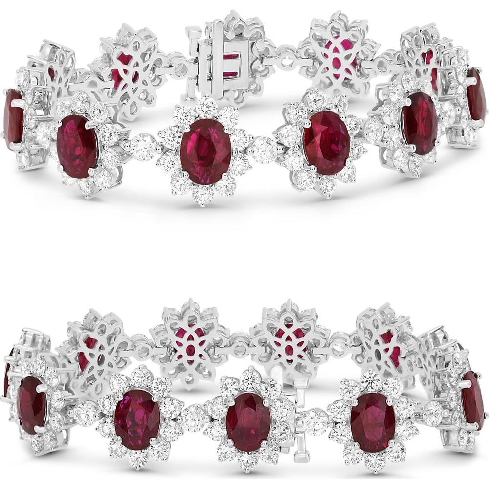 Roman & Jules - 18K White Gold Ruby and Diamond Halo Bracelet - 22.49 Carat Total Gemstone Weight