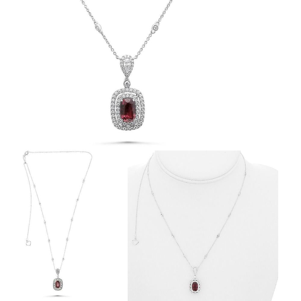 Roman & Jules - 18K White Gold Ruby and Diamond Halo Necklace with GIA Certified Ruby - 1.91 Carat Total Ruby Weight, 0.59 Carat Total Diamond Weight