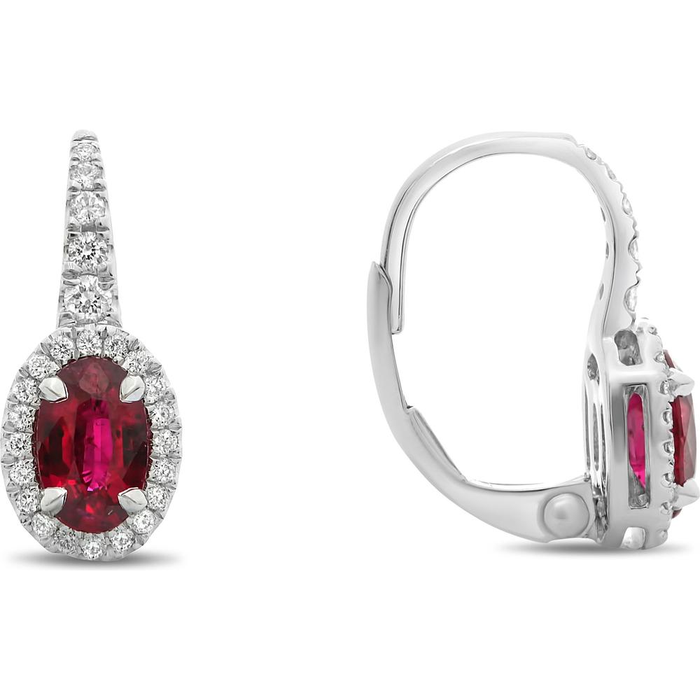 Roman & Jules - 18K White Gold Ruby & Diamond Lever Back Earrings with Oval Rubies & Round Diamonds - 1.25 Carat Total Ruby Weight, 0.19 Carat Total Diamond Weight