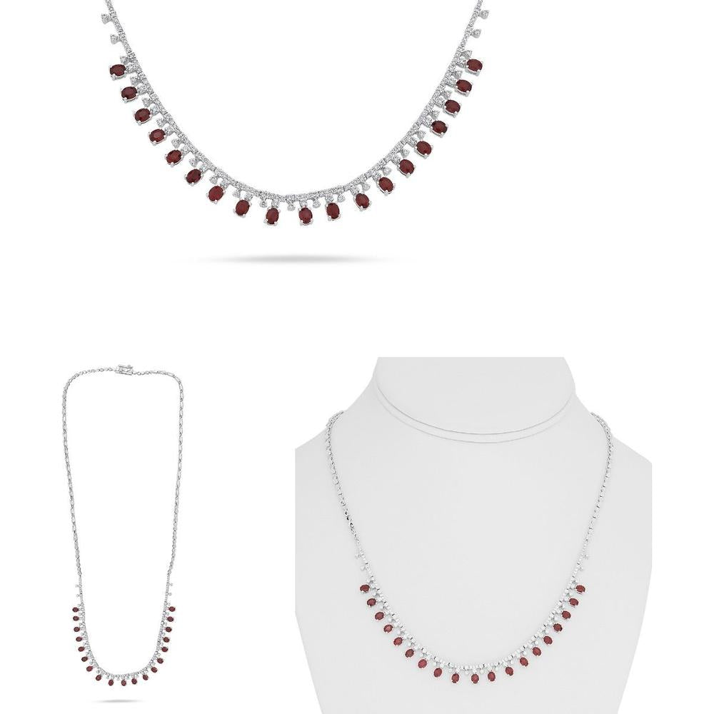 Roman & Jules - 18K White Gold Ruby and Diamond Necklace with Round Diamonds - 3.53 Carat Total Gem Weight