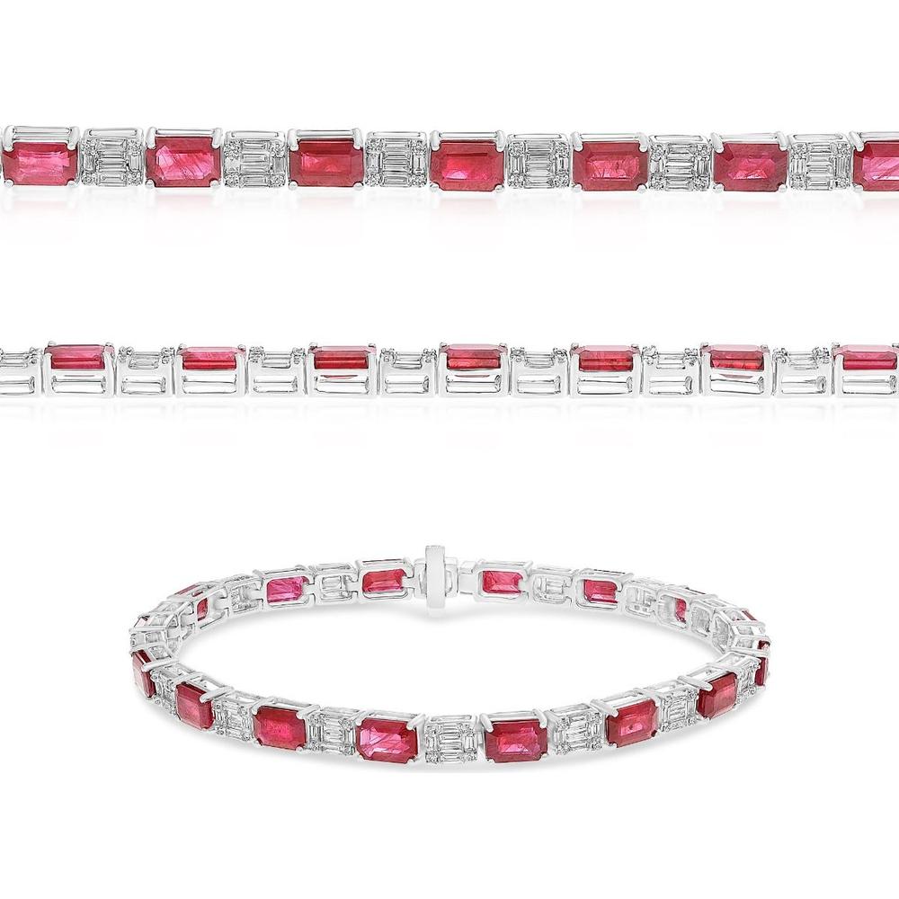 Roman & Jules - 18K White Gold Ruby and Diamond Tennis Bracelet with Emerald and Baguette Cuts - 11.59 Carat Total Gem Weight
