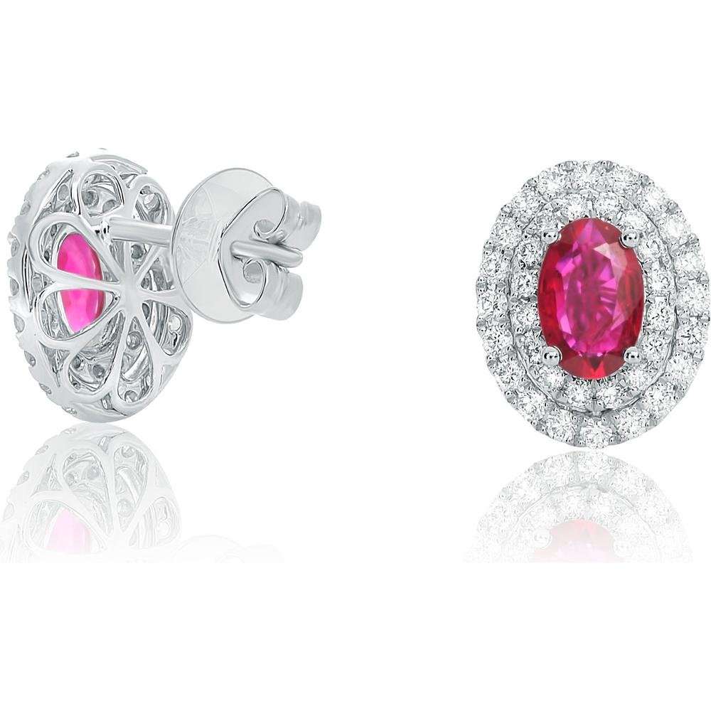 Roman & Jules - 18K White Gold Ruby Double Halo Earrings with Round Diamonds - 0.92 Carat Total Diamond Weight