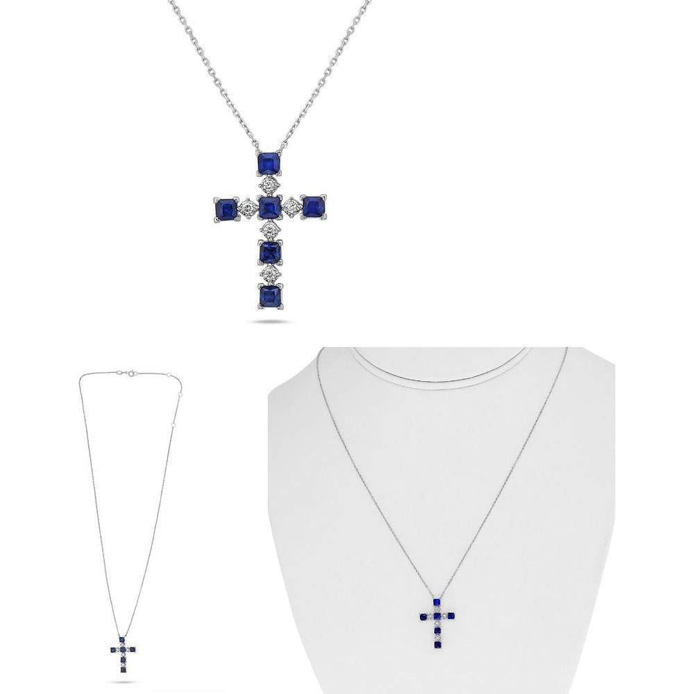 Roman & Jules - 18K White Gold Sapphire and Diamond Cross Necklace with 0.06 Carat Round Diamonds