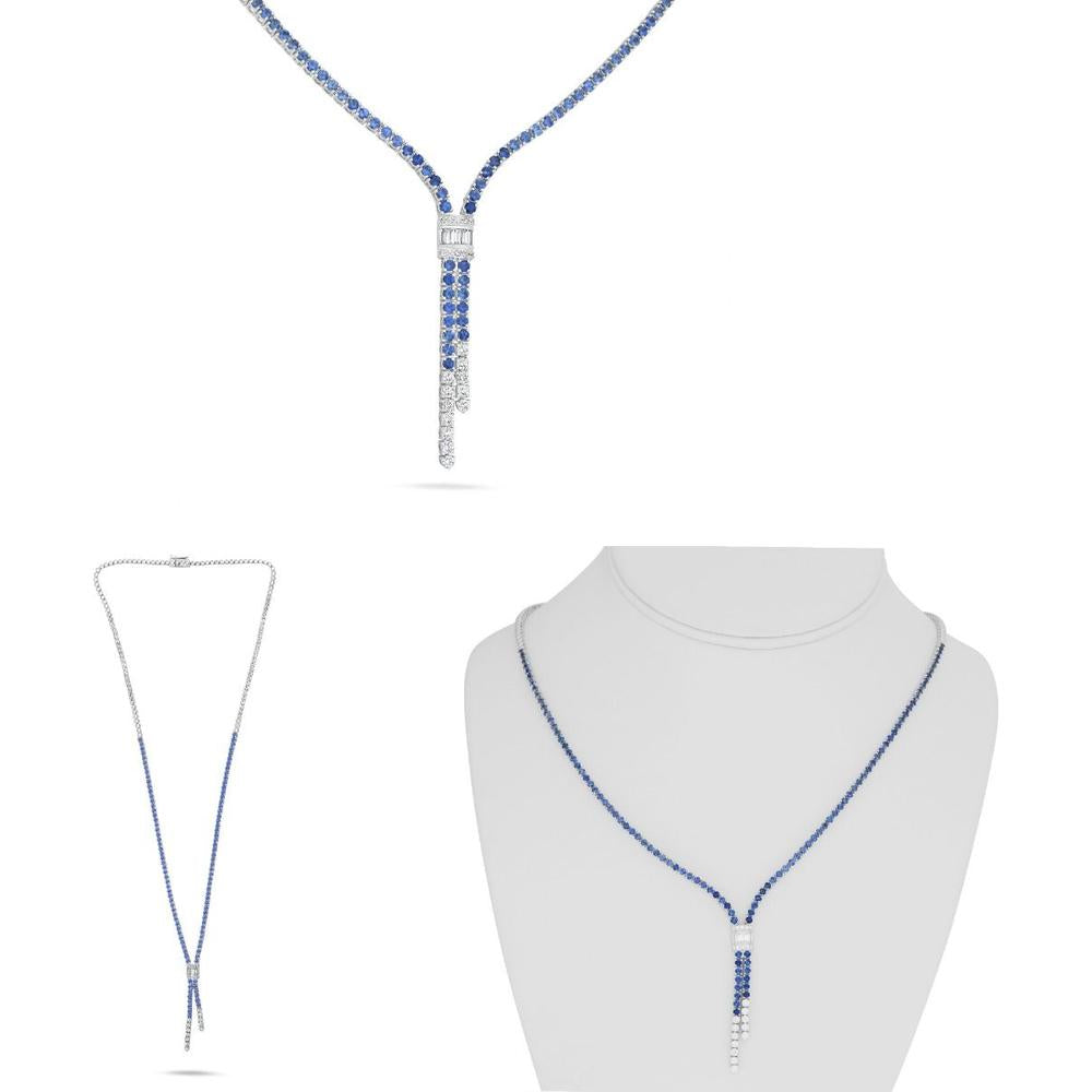 Roman & Jules - 18K White Gold Sapphire and Diamond Drop Necklace - 0.61 Carat Total Diamond Weight