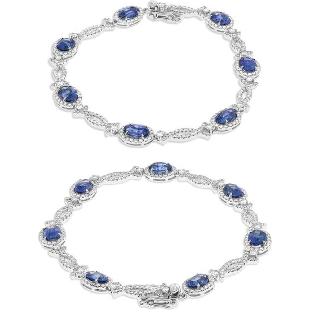 Roman & Jules - 18K White Gold Sapphire and Diamond Link Bracelet with Halo Design - 1.45 Carat Total Diamond Weight