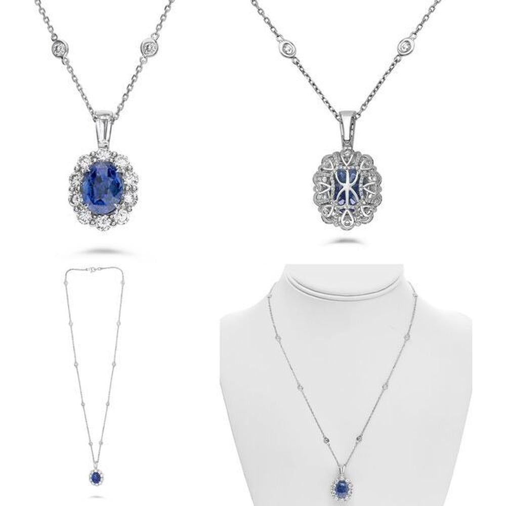 Roman & Jules - 18K White Gold Sapphire Halo Necklace with Round and Baguette Diamonds - 7.85 Carat Sapphire, 3.13 Carat Diamond Weight