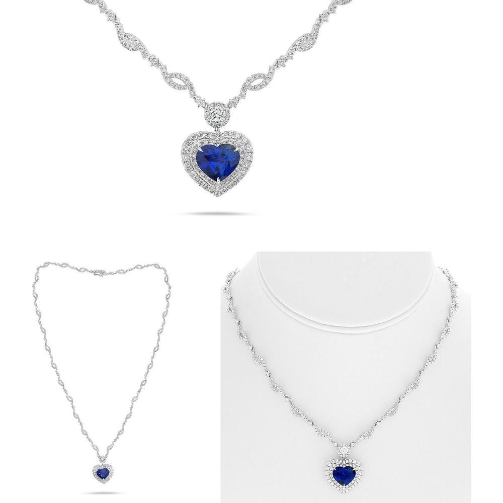Roman & Jules - 18K White Gold Sapphire Heart Necklace with Round Diamond Halo - 4.11 Carat Sapphire, 3.91 Carat Total Diamond Weight