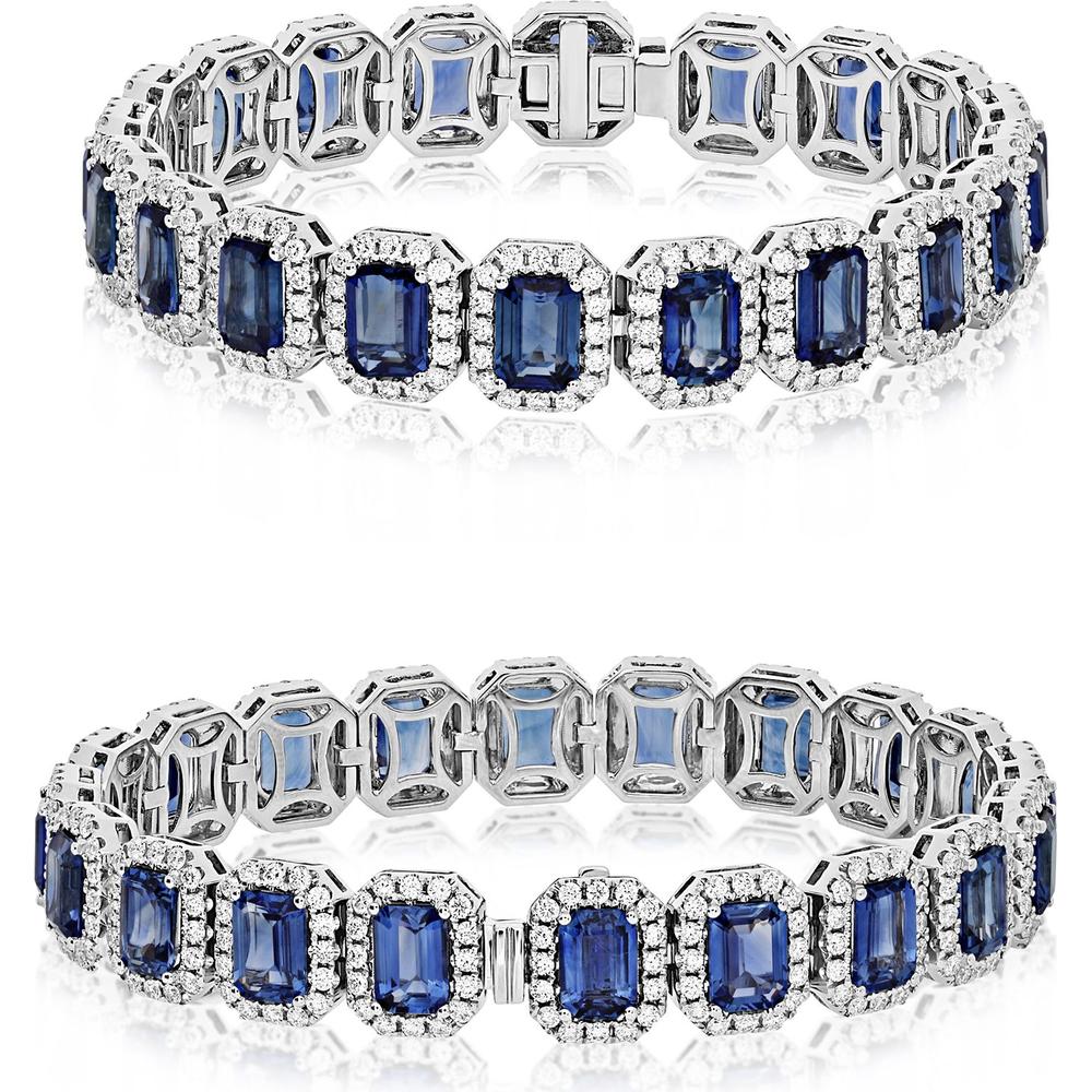 Roman & Jules - 18K White Gold Sapphire Tennis Bracelet with Round Diamond Halo - 22.03 Carat Total Sapphire Weight