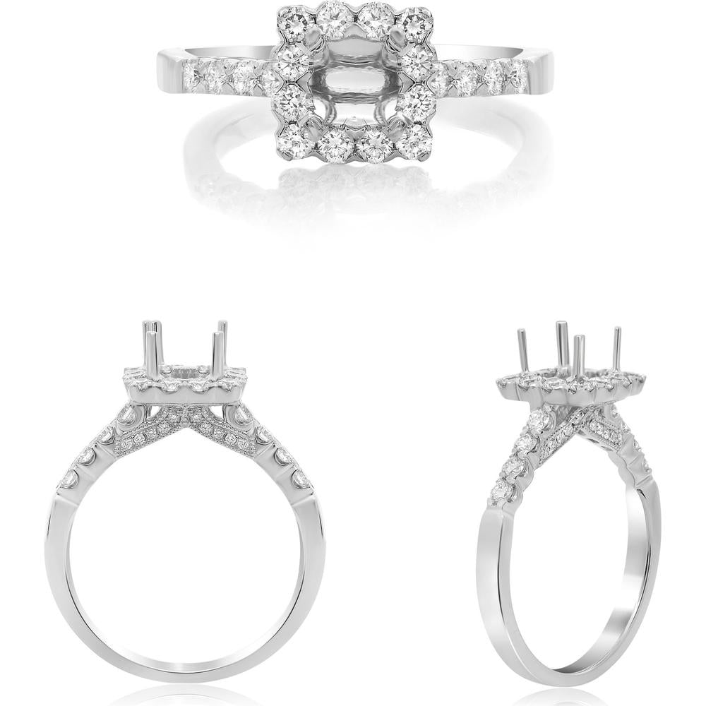 Roman & Jules - 18K White Gold Square Halo Diamond Engagement Setting with Round Diamonds - 0.62 Carat Total Diamond Weight