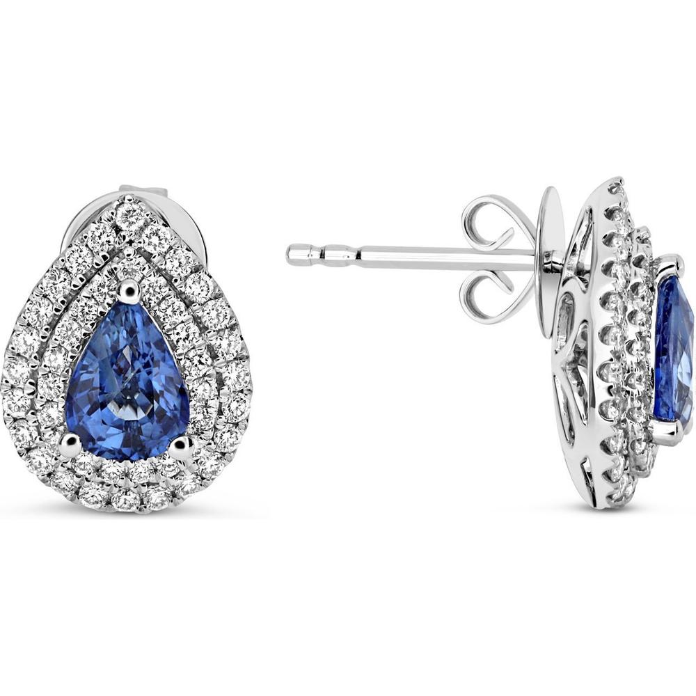 Roman & Jules - 18K White Gold Stud Earrings with Pear Shaped Sapphire and Diamond Halo - 1.58 Carat Total Diamond Weight